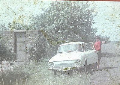 Vintage 1960s-era sedan parked beside a concrete wall and overgrown vegetation. Man in retro sunglasses and striped shirt pos...