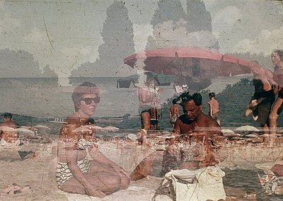 Vintage seaside scene with faded polaroid texture, featuring mid-20th century beachgoers in swimwear. A woman in sunglasses r...