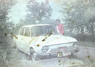 Vintage 1970s-era sedan (likely Škoda 105/120) partially submerged in shallow water, license plate "ABR 17-30" visible. Perso...