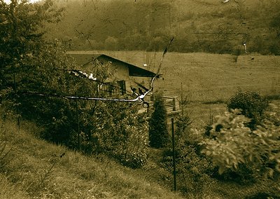Vintage sepia-toned rural scene featuring a modest, single-story house with a pitched roof, surrounded by dense shrubbery. A ...