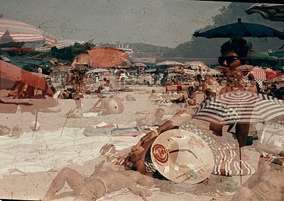 Vintage seaside scene with striped beachwear and vintage umbrellas. Crowded sandy shore with sunbathers, deck chairs, and sca...