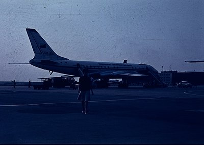 Vintage Soviet Aeroflot Tupolev Tu-134 jetliner parked at an airport tarmac, marked with Cyrillic "Аэрофлот" and "ТУ-134" on ...