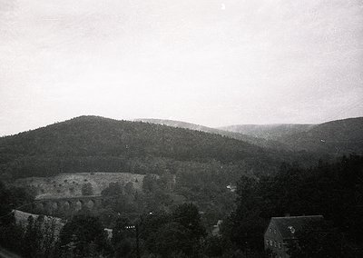 Vintage black-and-white landscape featuring a stone bridge spanning a valley, flanked by dense forest and rolling hills. Mid-...