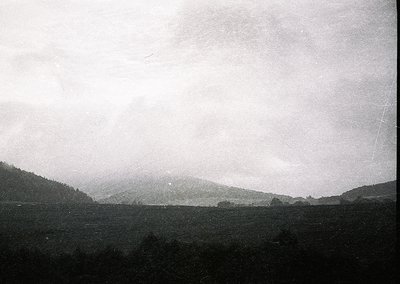 Vintage black-and-white landscape featuring rolling hills and dense forest under overcast skies. Composition suggests early 2...