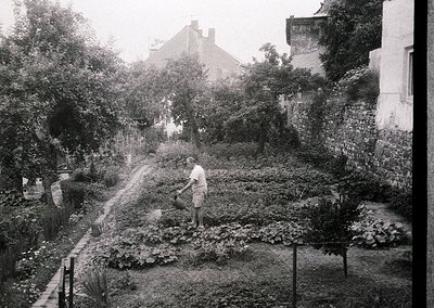 Black-and-white garden scene featuring a man tending raised beds in a sloped backyard. Surrounding structures include a brick...