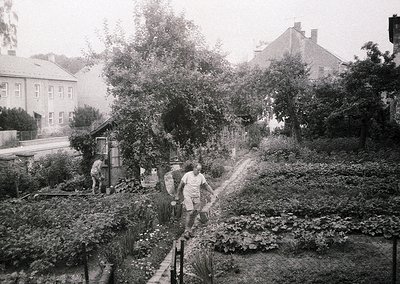 Black-and-white street scene featuring two men walking along a sloped, overgrown pathway flanked by dense greenery. One man i...