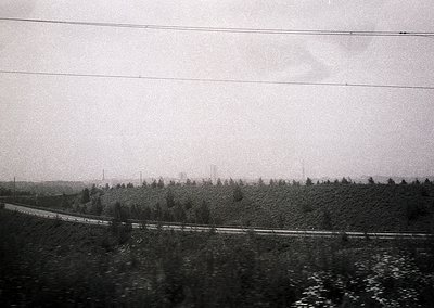 Black-and-white train window view of a dense, forested landscape beside a curved railway track. Overhead wires and poles sugg...