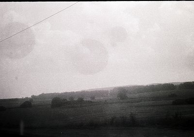 Vintage black-and-white landscape featuring low-lying mist over a flat, open field with sparse trees. Overcast sky and faint ...