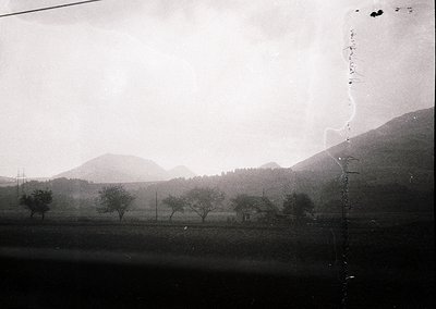 Vintage black-and-white landscape showing sparse trees and rolling hills under overcast skies. Visible power lines suggest ru...