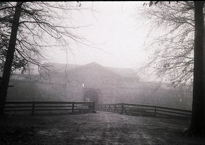 Misty black-and-white landscape featuring a fog-shrouded pathway flanked by wooden fencing, leading to a distant, indistinct ...
