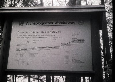 Black-and-white geological signboard titled *"Archäologischer Wanderweg"* detailing soil/bedrock layers from Pegnitz to Glatz...