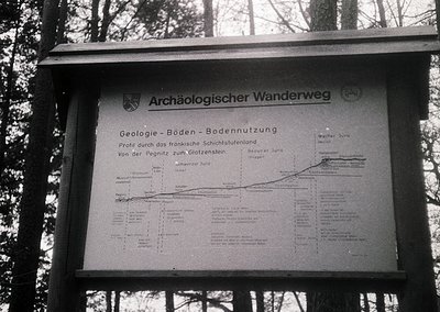 Black-and-white informational signboard titled *"Archaeological Hiking Trail"* detailing geological soil profiles from Pegnit...