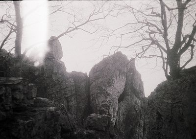 Black-and-white monochrome shot of jagged rock formations in dense fog, framed by skeletal trees. Dramatic lighting enhances ...