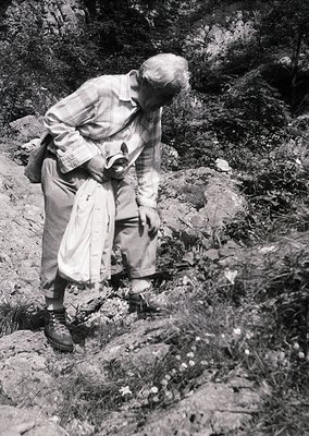 Mid-20th century hiker in rugged alpine terrain, examining a rock face. Lightweight hiking gear suggests mid-century mountain...