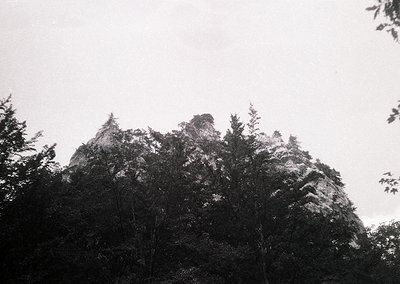Black-and-white mountain landscape with dense forest foreground. Jagged peaks rise sharply, partially obscured by mist. Likel...