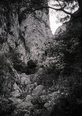 Monochrome close-up of jagged limestone rock formations in a narrow canyon, with sunlight filtering through overhead gaps. Dr...