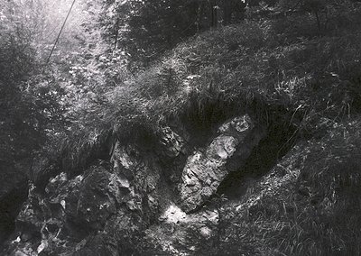 High-contrast black-and-white shot of weathered wooden cross embedded in rocky terrain, surrounded by sparse grass and forest...