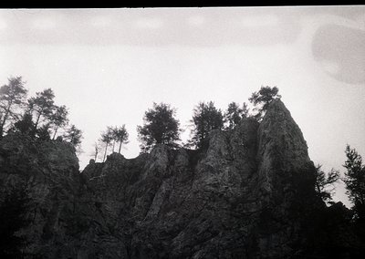 Monochrome landscape featuring jagged rock formations with sparse pine trees clinging to steep slopes. Dramatic, moody lighti...