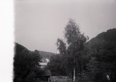 Vintage black-and-white rural scene featuring a modest wooden house nestled among dense forest. Sloped terrain and dense foli...