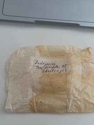 Handwritten label on aged, crumpled paper: "Dundejovice 2017/18 95 (knots + 13)." Likely vintage or archival agricultural/for...