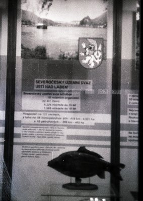 Vintage Czech railway poster from **Ústí nad Labem**, featuring a scenic alpine lake and mountain backdrop. Text in Czech hig...