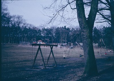 Vintage playground in a wooded park, featuring a swing set with metal frames and chains. Background shows a small pavilion an...