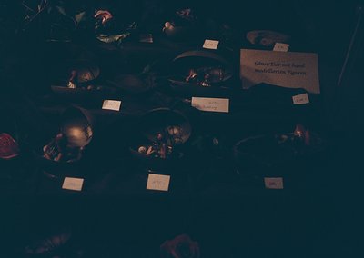 Vintage anatomical models of animal skulls and skeletal figures displayed on a dark table, likely for educational or museum u...