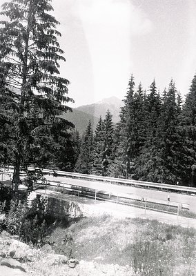 Snow-covered alpine road bridge spanning a rocky stream, flanked by dense coniferous forest. Distant mountain peaks and misty...