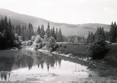 Mid-20th century black-and-white alpine scene: serene river winding through forested valley with snow-capped peaks in backgro...