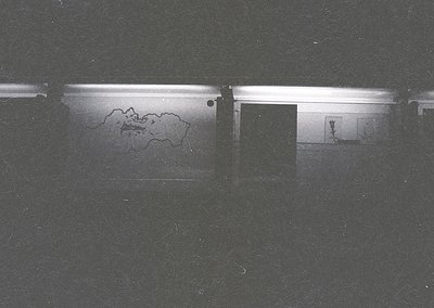 Black-and-white photo of a flooded hallway with a map outline of Bulgaria etched into the wet wall. Minimalist interior featu...