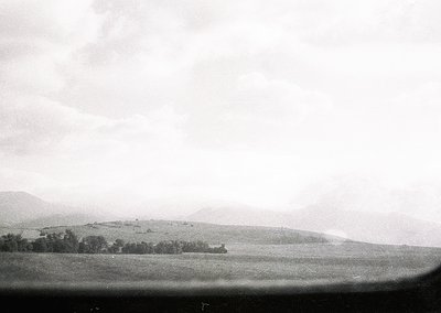 Vintage black-and-white landscape featuring rolling hills, sparse tree clusters, and misty horizon under overcast skies. Evok...
