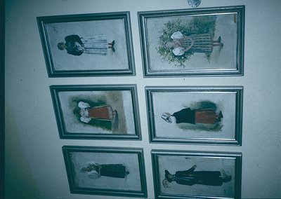 Vintage framed sketches depicting rural life, likely Eastern European . Scenes include: seated figures in traditional attire,...