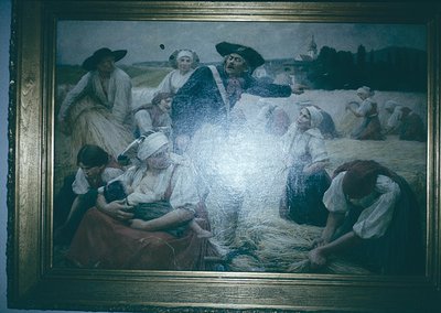 Vintage painting depicting rural harvest scene with 10+ figures in period attire (19th-century European). Central figure in e...