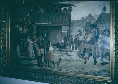 Vintage painting depicting a snowy village scene with winter attire and traditional European architecture. Crowd gathers arou...