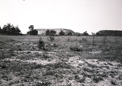Barren grassland with sparse vegetation and faint dirt paths, framed by distant rocky hills. Black-and-white mid-century land...