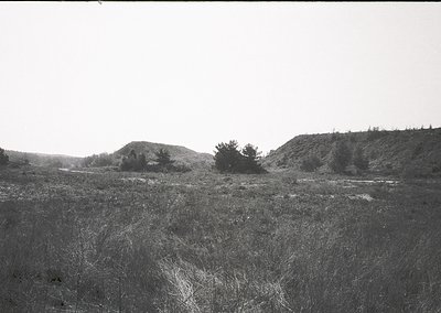 Barren, undulating grassland with sparse shrubs and rocky outcrops under overcast skies. Likely early-to-mid 20th century bas...