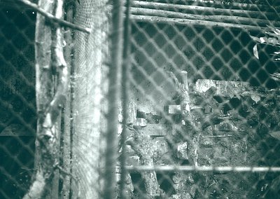 Close-up of rusted chain-link fence with distorted urban background. Industrial texture and weathered metal dominate. Likely ...