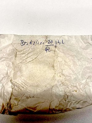 Handwritten label on aged paper, likely from a vintage or archival item. The text reads "Bristol 20/42" with a fraction "42" ...