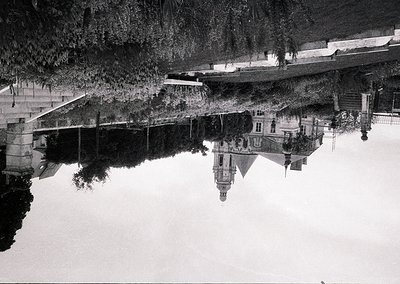 Symmetrical reflection of a grand staircase and classical building in a serene pond, framed by dense foliage. Architectural d...