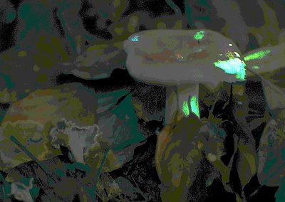 Vintage-style abstract painting with muted greens, blues, and grays. Textured brushstrokes depict a blurred, semi-circular co...