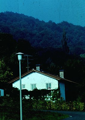 Single-story alpine cottage with whitewashed walls and dark roof, nestled in a forested valley. Classic wooden-framed windows...
