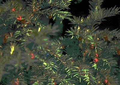 Digital abstract texture featuring vibrant, overlapping green foliage with scattered red/orange highlights. Likely a stylized...