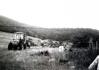Vintage tractor hauling hay in an open field, surrounded by scattered wooden crates. Rolling hills and dense greenery in back...