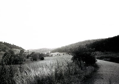 Black-and-white rural landscape featuring a winding road through lush, undulating fields and dense forest. Distant farmhouses...