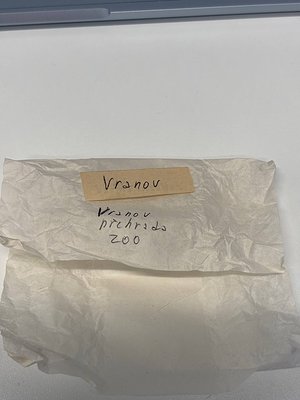 Vintage paper label from Vranov Zoo, Czech Republic, marked "Vranov přehrada 200." Wrinkled, handwritten note suggests archiv...