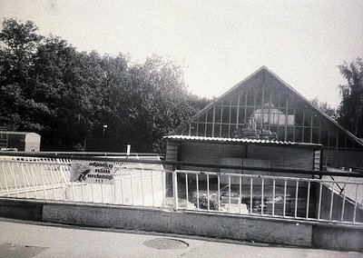 Vintage black-and-white photo of a greenhouse complex with a triangular glass roof and brick walls, likely from the 1960s–70s...