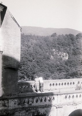 Mid-20th century black-and-white photo of a stone balcony overlooking lush, forested hills. Two figures in formal attire (man...