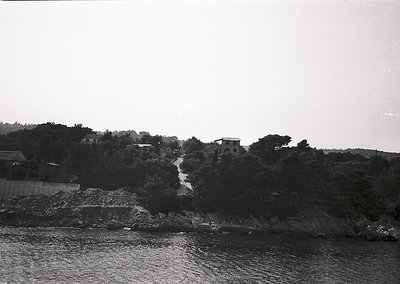 Black-and-white coastal landscape featuring a rocky shoreline and dense greenery. Mid-20th century architecture with flat-roo...