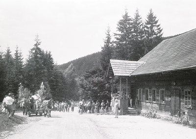 Black-and-white alpine village scene with wooden chalet-style buildings and dense pine forest. Crowd of early 20th-century mo...