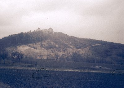 Vintage sepia-toned photo of a medieval hilltop fortress with cylindrical towers atop a forested ridge. Overgrown landscape a...